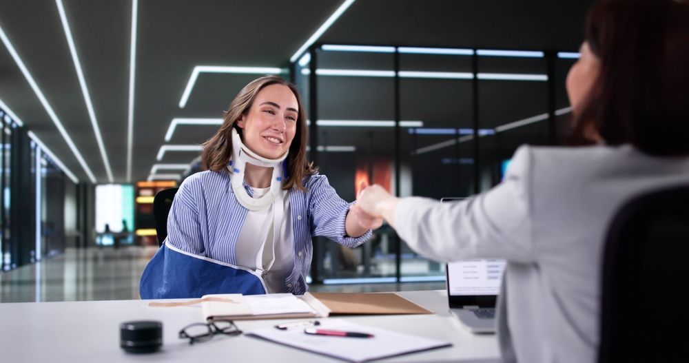Woman shaking hands across a desk in a modern office lobby