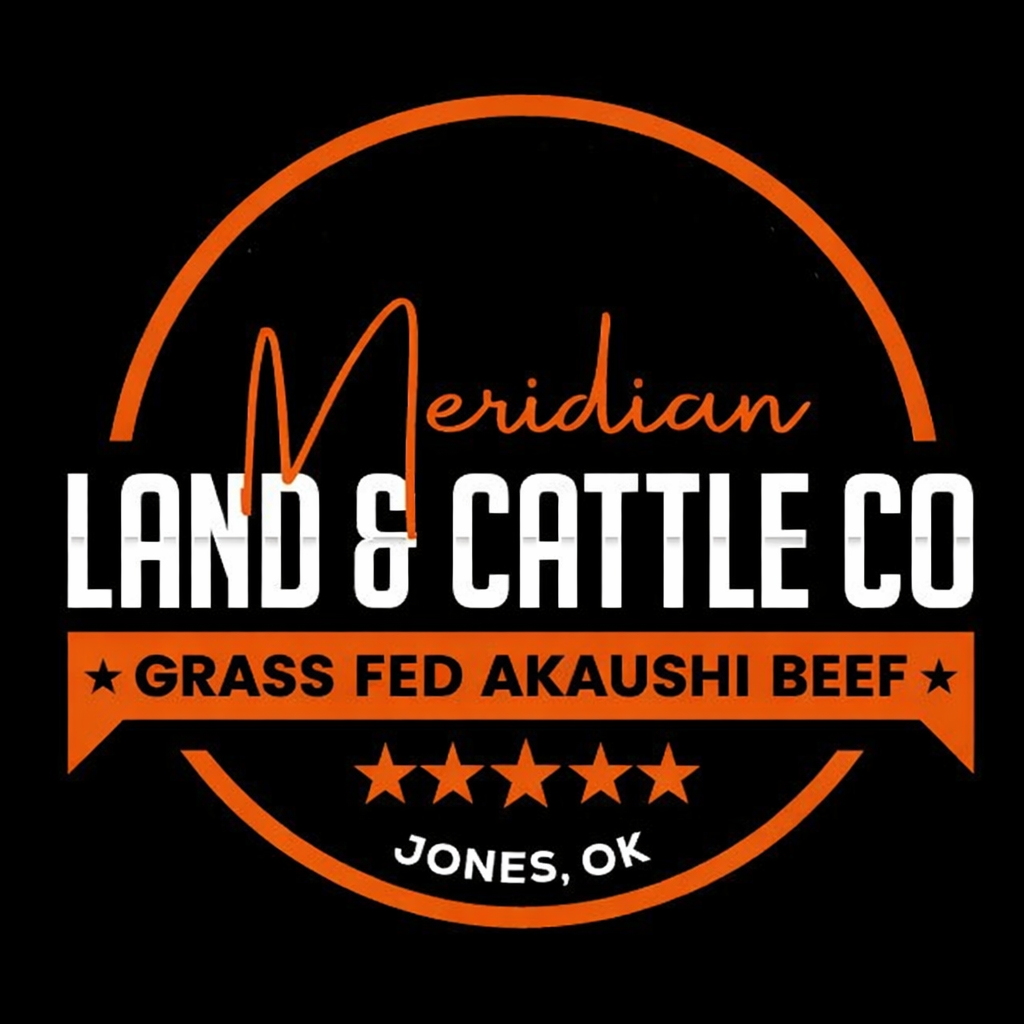 Logo for Meridian Land & Cattle Co, featuring orange text and accents on a black background, centered in Jones, OK.