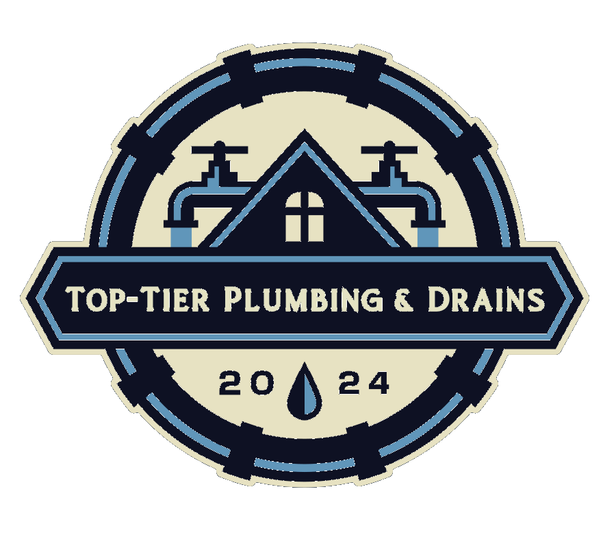 Top-Tier Plumbing & Drains logo with house and pipe icon, navy and cream, &ldquo;2024&rdquo; text.