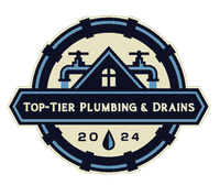 Top-Tier Plumbing & Drains logo with house and pipe icon, navy and cream, &ldquo;2024&rdquo; text.
