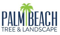 Palm Beach Tree & Landscape logo with blue text and a green palm tree icon