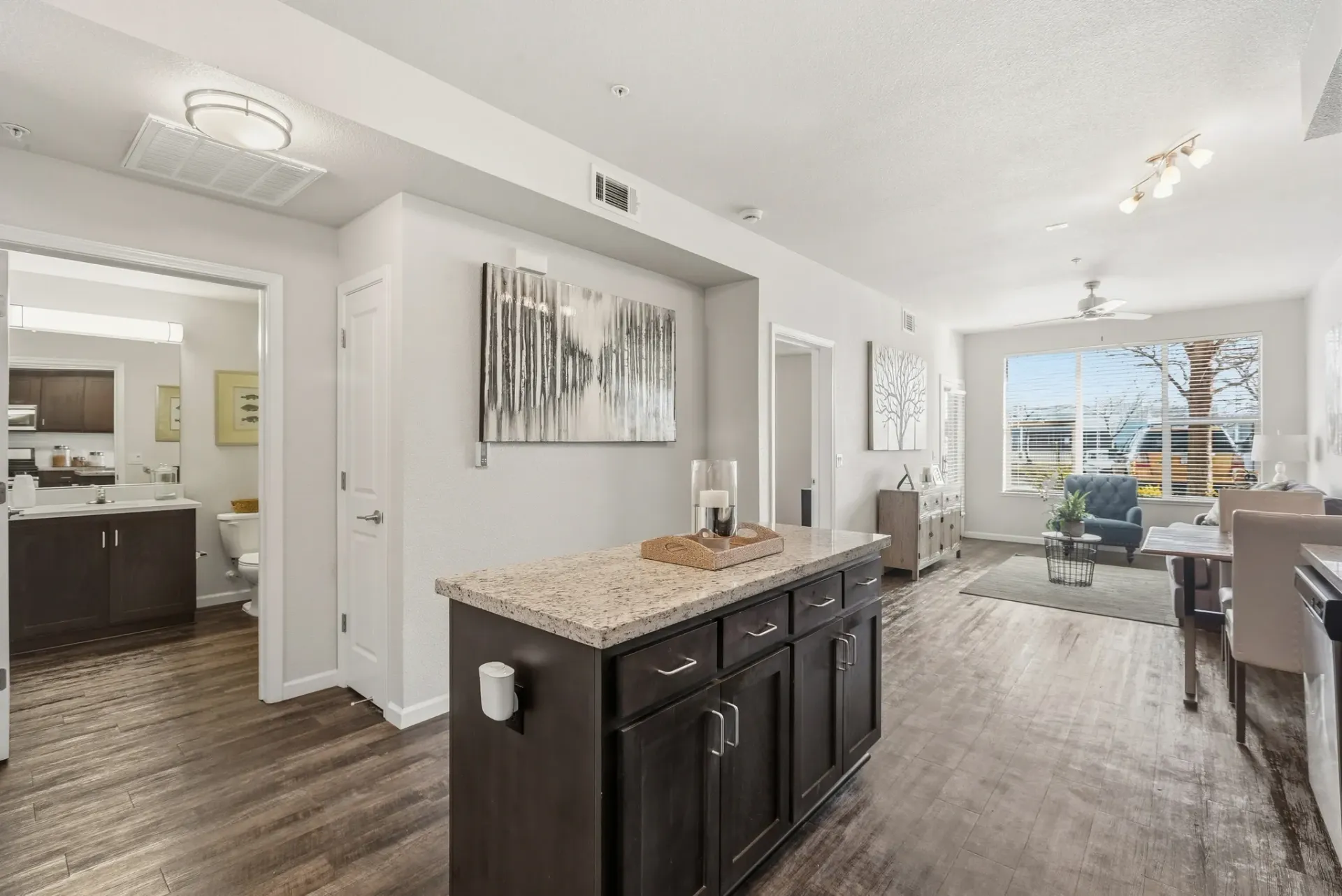 Gourmet kitchen island with granite countertops and dark wood cabinets, open to living and dining area.