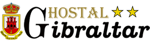 Logotipo del Hostal Gibraltar con un escudo rojo y texto negro y dorado con dos estrellas.