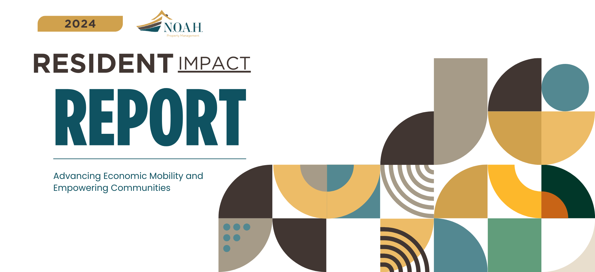 Cover of the 2024 Resident Impact Report. It features teal and brown geometric shapes.