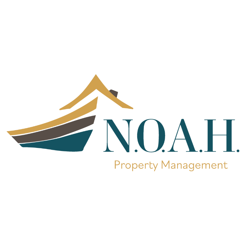 Logo for NOAH Property Management: stylized boat and roof in teal, brown, and gold, with the company name.
