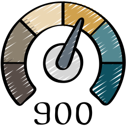 Credit score gauge with needle pointing near maximum, reading 900.