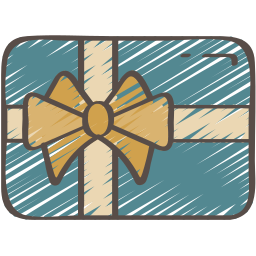 Blue gift card with gold bow and ribbon.