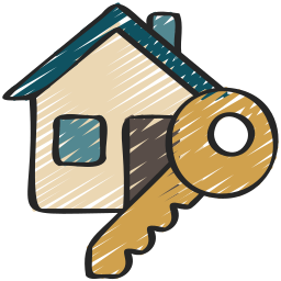 Drawn house with blue roof and window, brown door, and large gold key.