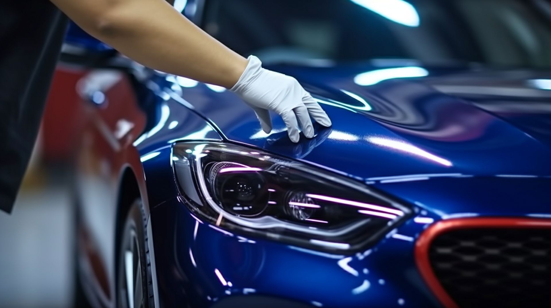A person is touching the headlight of a blue car.