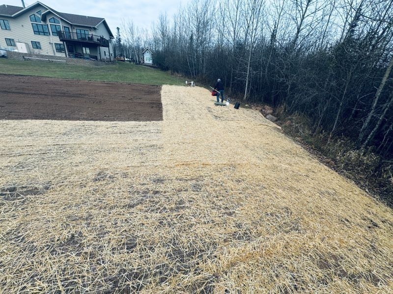 Man spreading straw on hillside to prevent erosion near a house and trees.