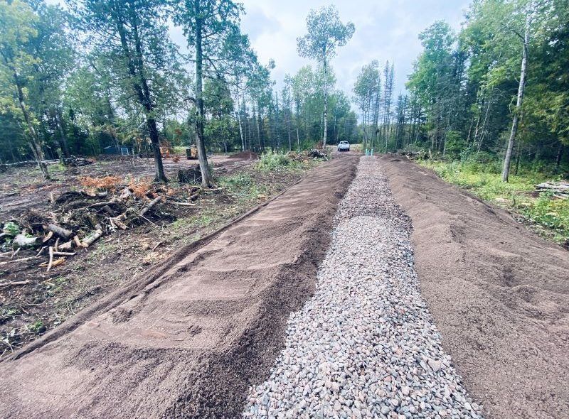 Road construction in a forest; a gravel pathway is flanked by dirt and trees.