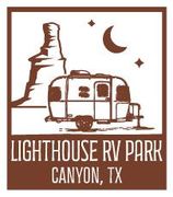 Brown logo of an RV under a crescent moon and rock formation, labeled “Lighthouse RV Park, Canyon, TX”