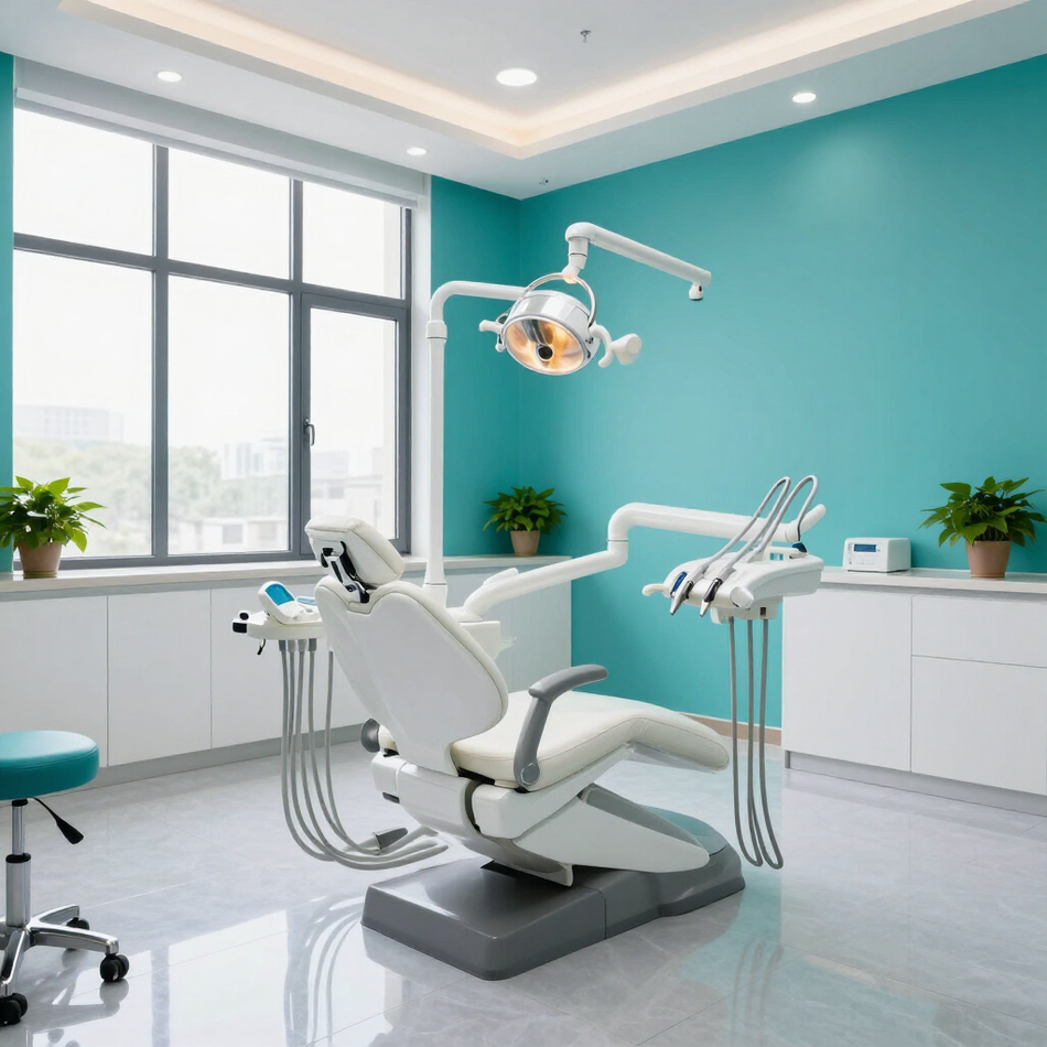 Clínica dental moderna con sillón blanco, paredes color turquesa, ventana grande y luz de examen en el techo.