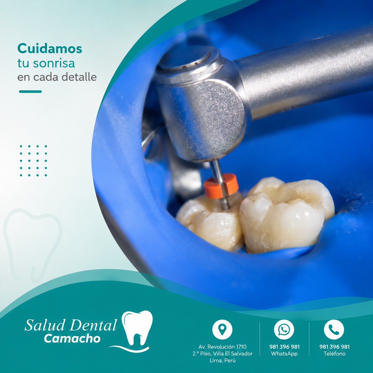 Dentista puliendo un diente con instrumentos dentales azules y texto en español sobre el cuidado de tu sonrisa.