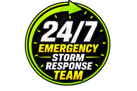 24/7 Emergency Storm Response Team logo in black, green, yellow, and white