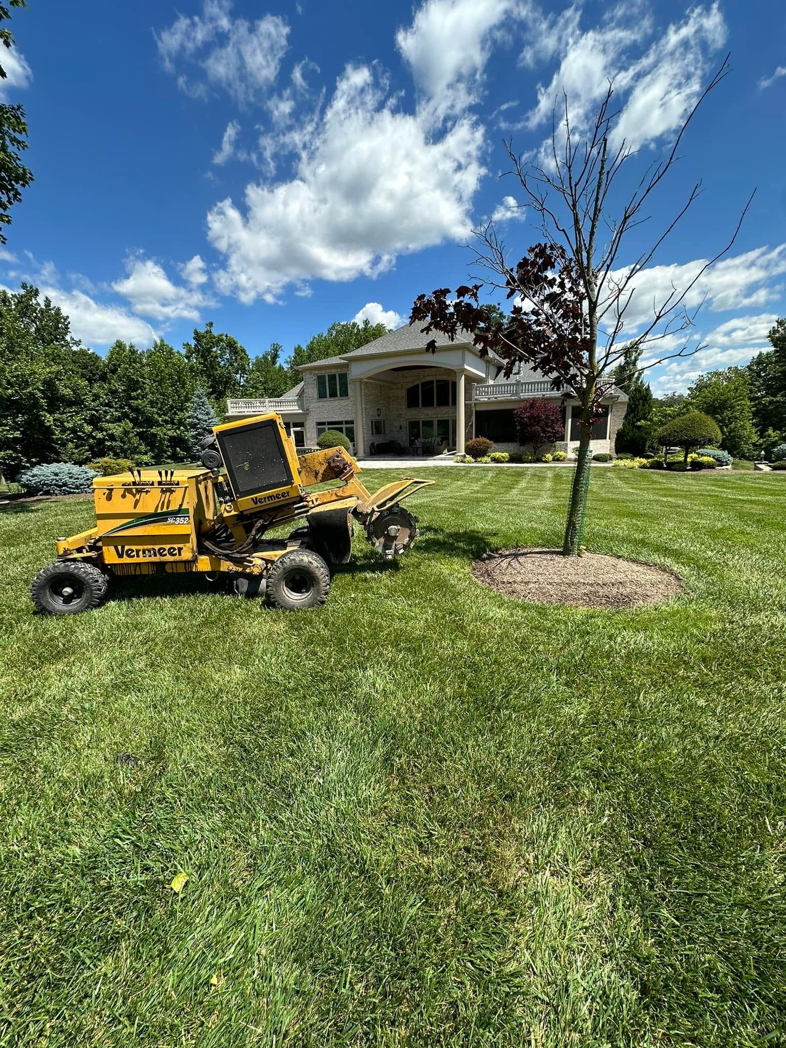 Yellow construction machine on a grassy lawn near a house under a blue sky with clouds