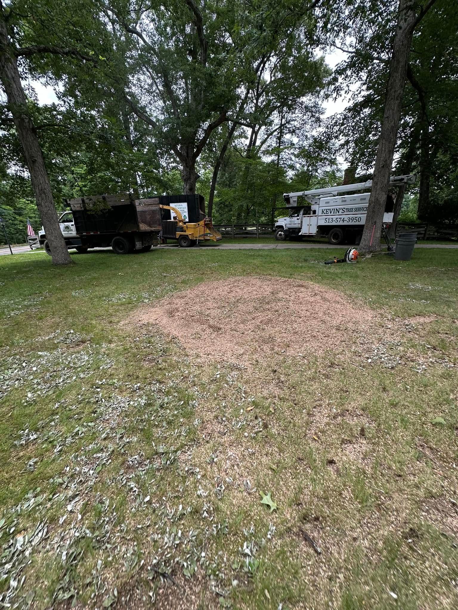 Piled wood chips in a grassy yard with trees, a dump truck, and a utility truck in the background