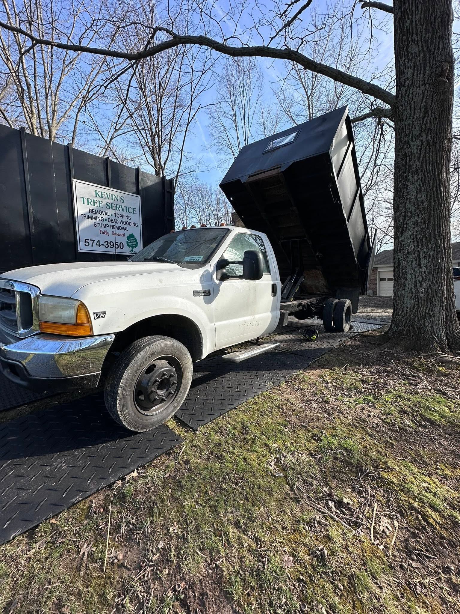 White dump truck with raised bed on a roadside, parked beside trees and a dark building.