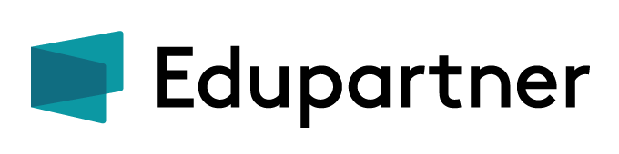Logo Edupartner avec des formes géométriques turquoise et du texte noir.