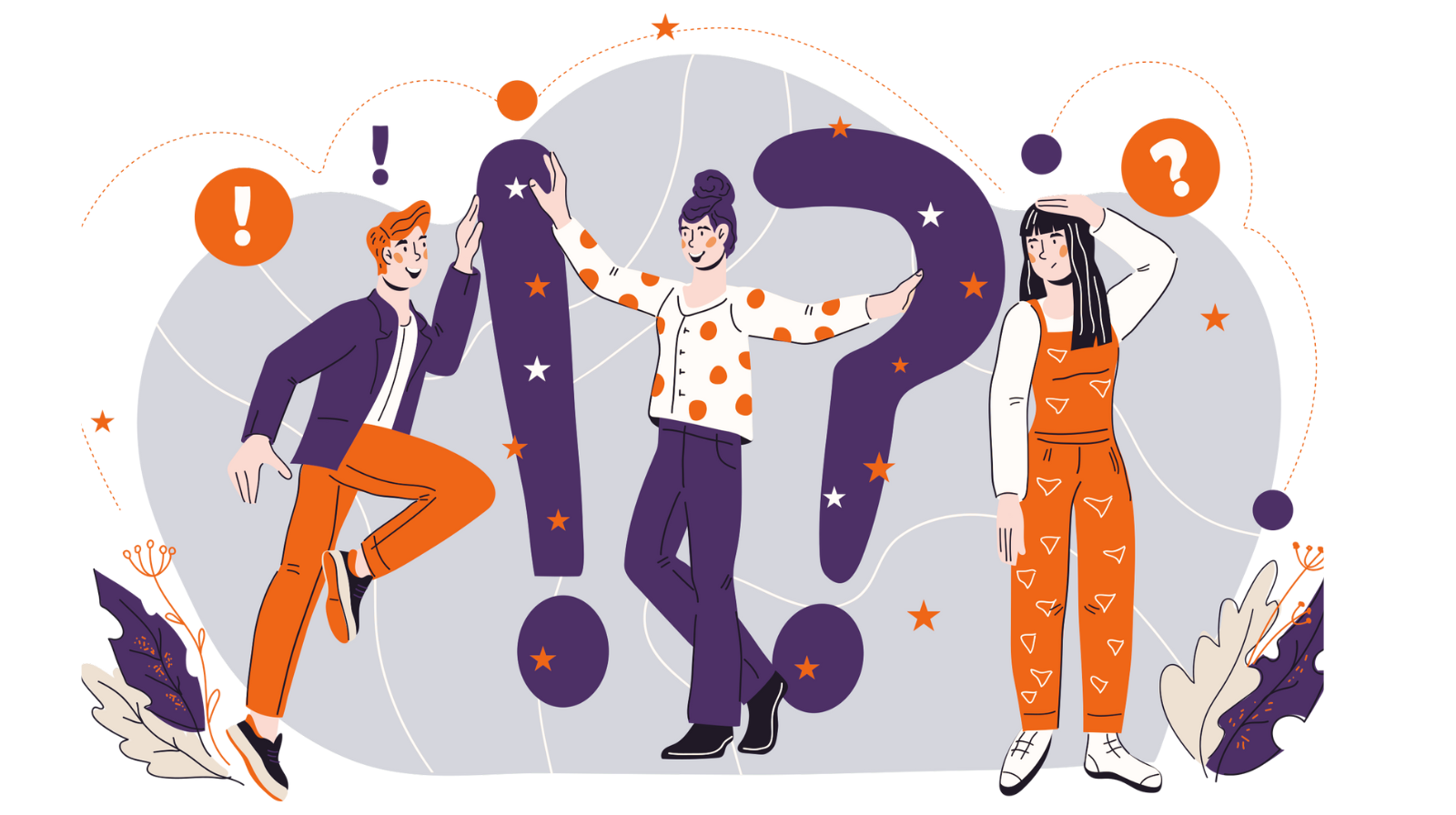 Des personnes posent avec de grands points d'exclamation et d'interrogation ; concept de brainstorming.