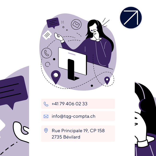 Femme devant un ordinateur, informations de contact : téléphone, courriel, adresse postale en lavande et blanc.