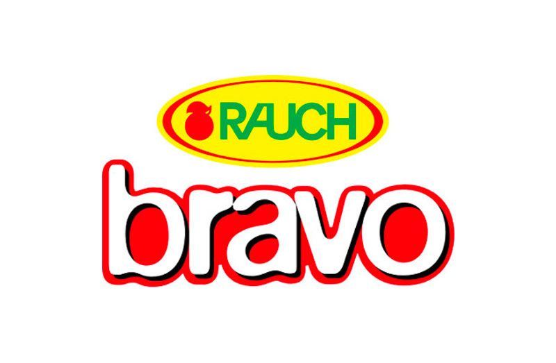 Logo del succo Bravo con testo rosso e un ovale giallo sopra con la scritta 