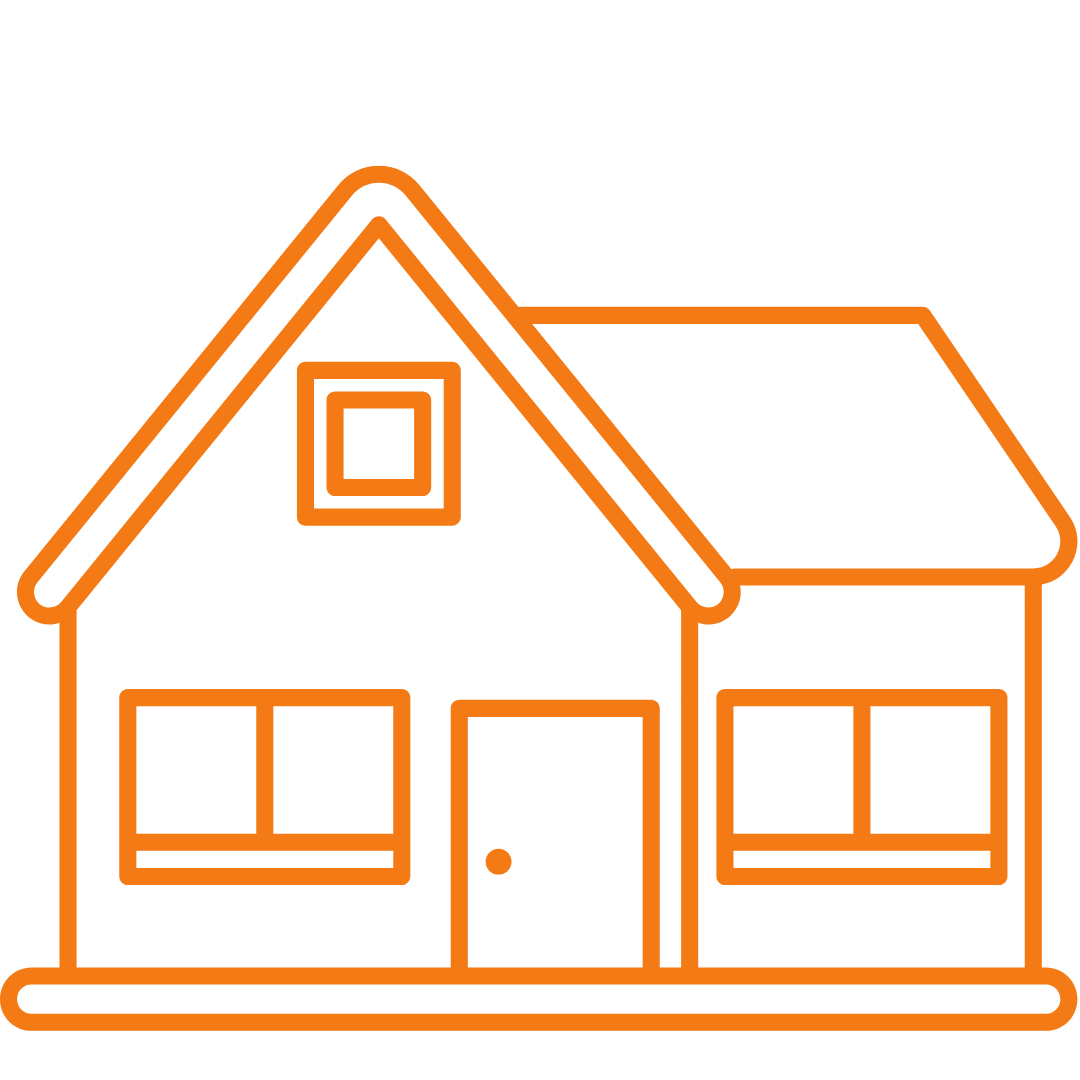 Orange outline of a house with a pitched roof, front door, and windows.