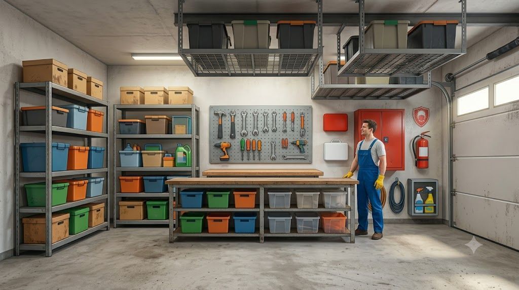 Organized residential garage with vehicle storage, shelving, and workspace designed for improved home organization and safety
