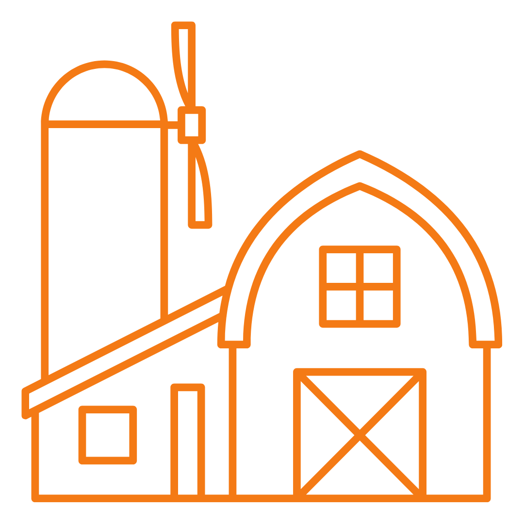 Orange line drawing of a barn with a silo and windmill.