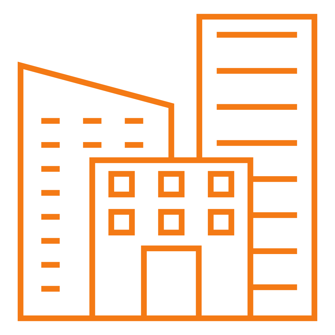 Buildings, outlined in orange, depicting an office or business district.