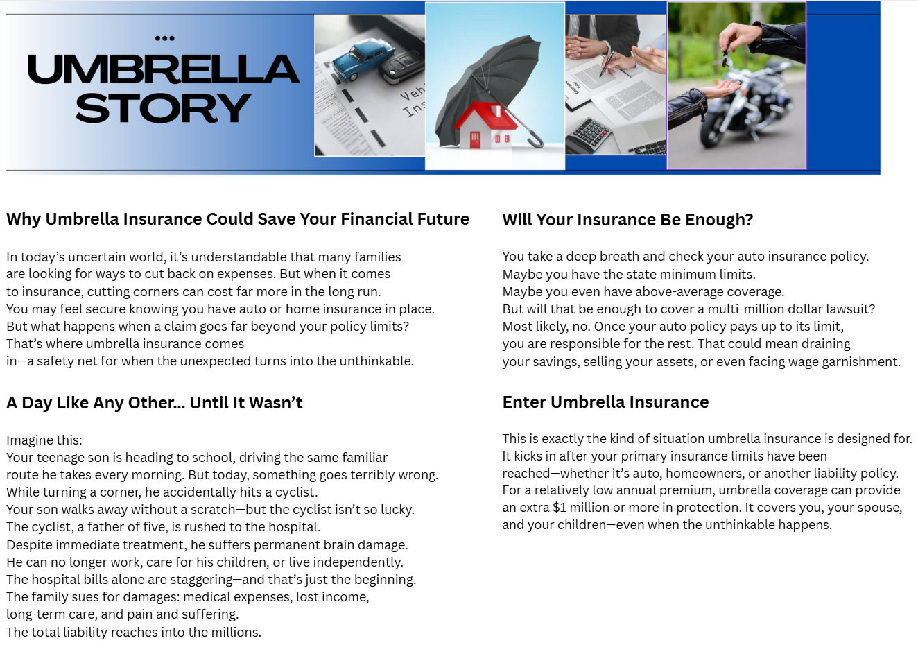 Infographic: Explains umbrella insurance. Images of documents, a home, signing papers, and a motorcycle.