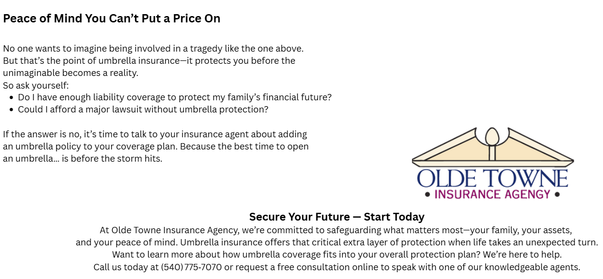 Advertisement from Olde Towne Insurance Agency. Text about insurance and securing the future, logo on the right.