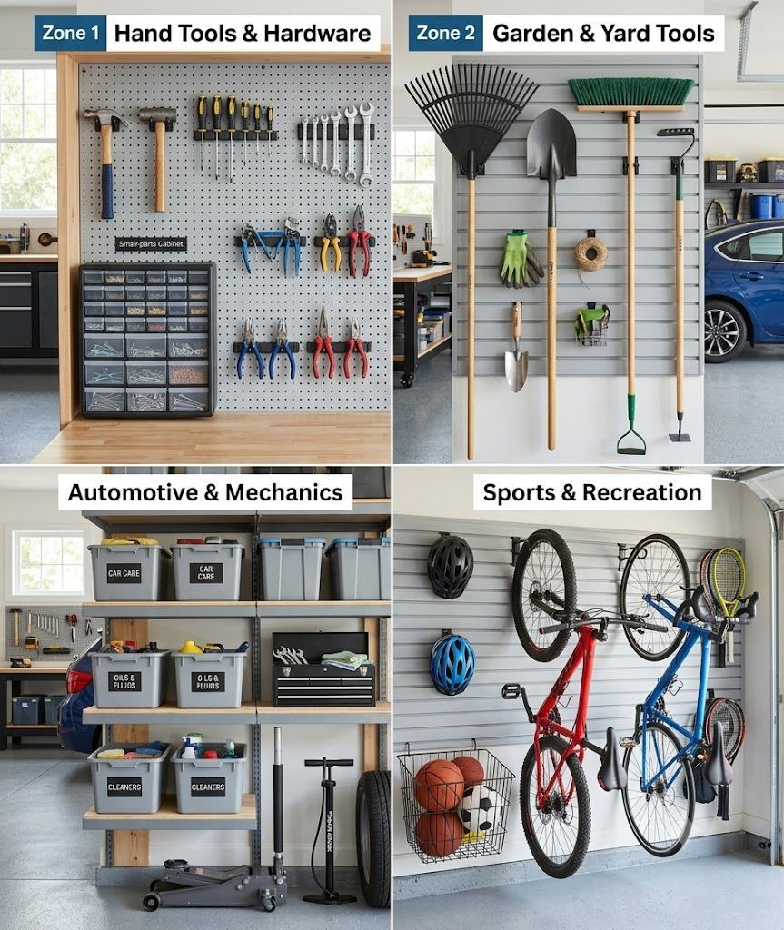 Clean and organized garage with storage shelves, labeled bins, tools, and safety equipment to reduce household hazards