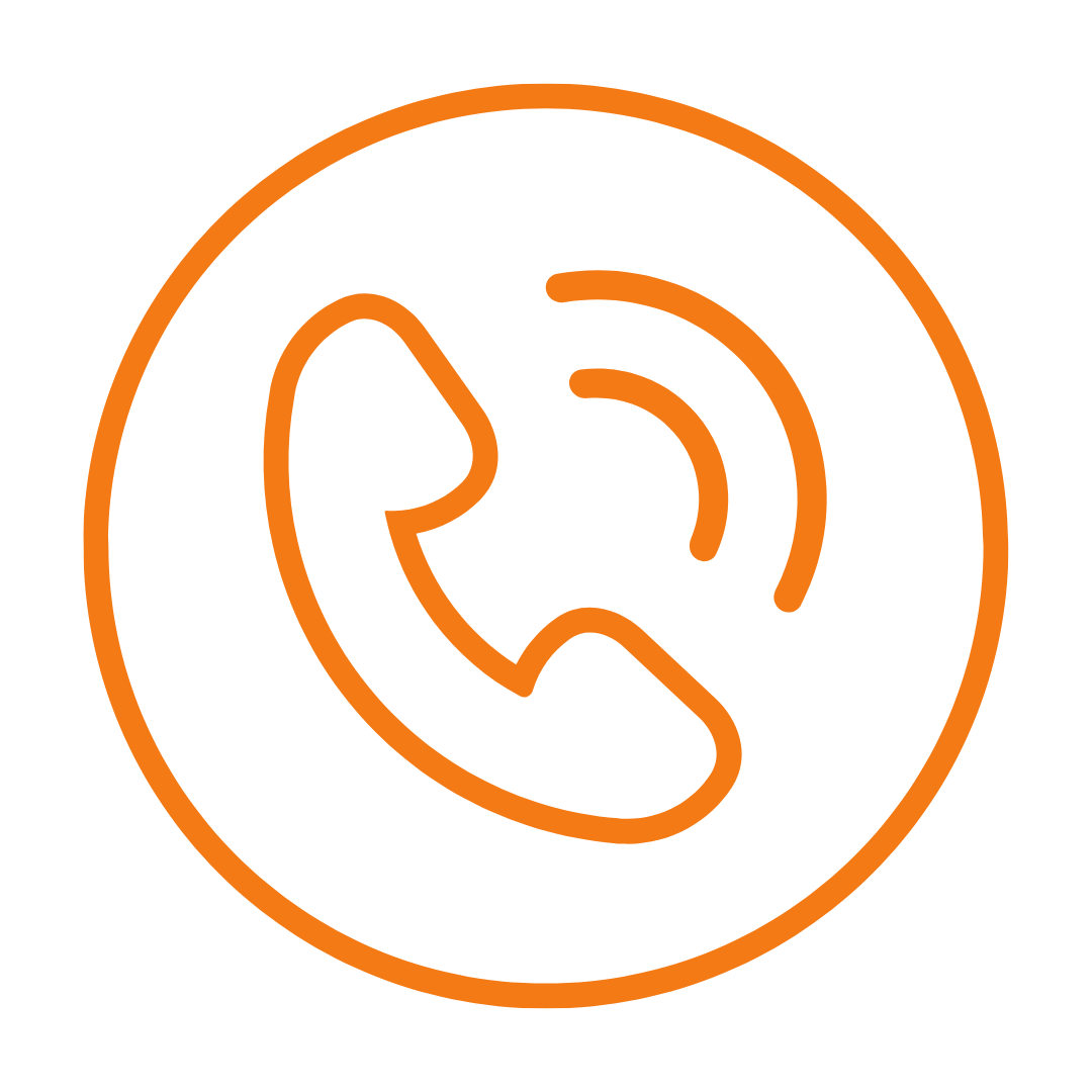 Orange phone icon inside a circle, with sound waves.