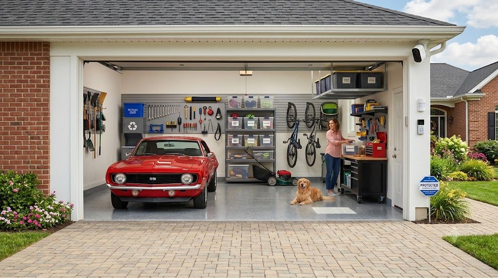 Homeowner organizing garage items into labeled storage bins and categories for better space management