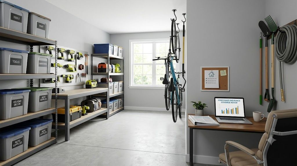 Garage storage system with labeled bins, wall-mounted tools, and organized sections for household equipment and supplies
