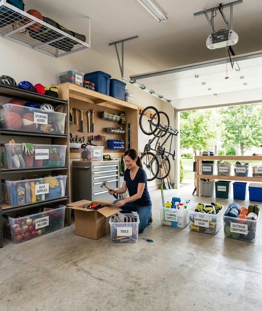 Organized garage workspace with properly stored tools, equipment, and clear walkways to improve home safety