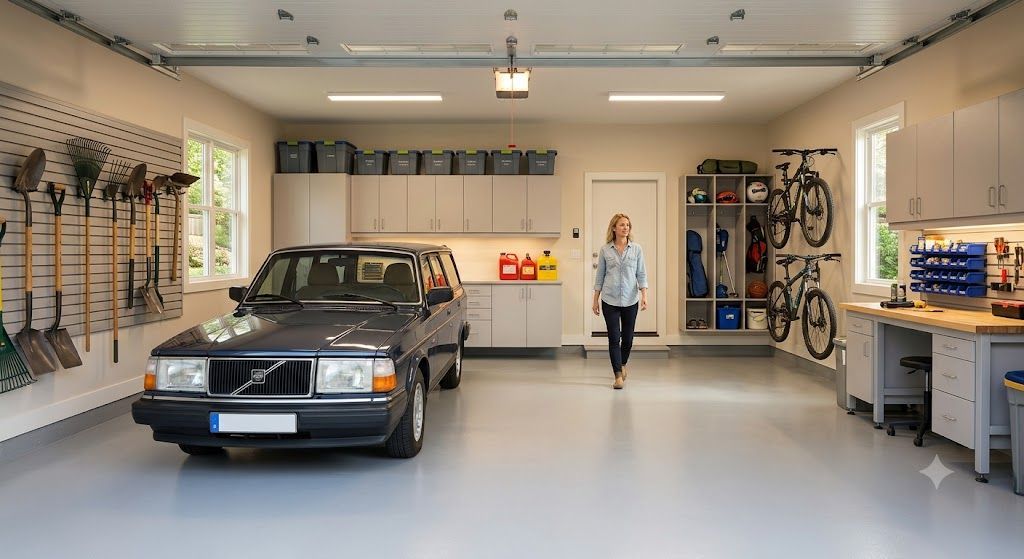 Homeowner reviewing insurance coverage in an organized garage workspace with stored items