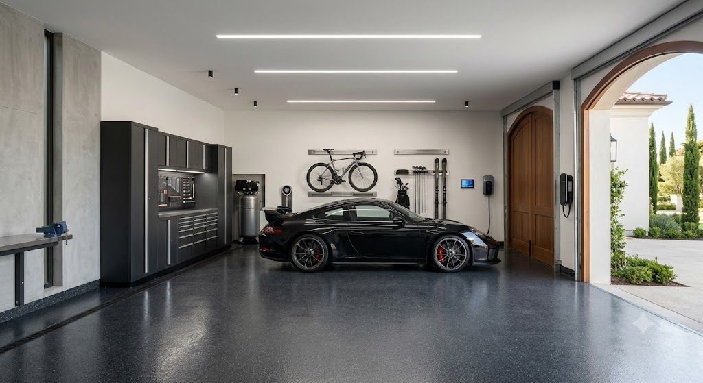 Secure and organized luxury garage with protected vehicles, storage cabinets, and space maintained for homeowner safety
