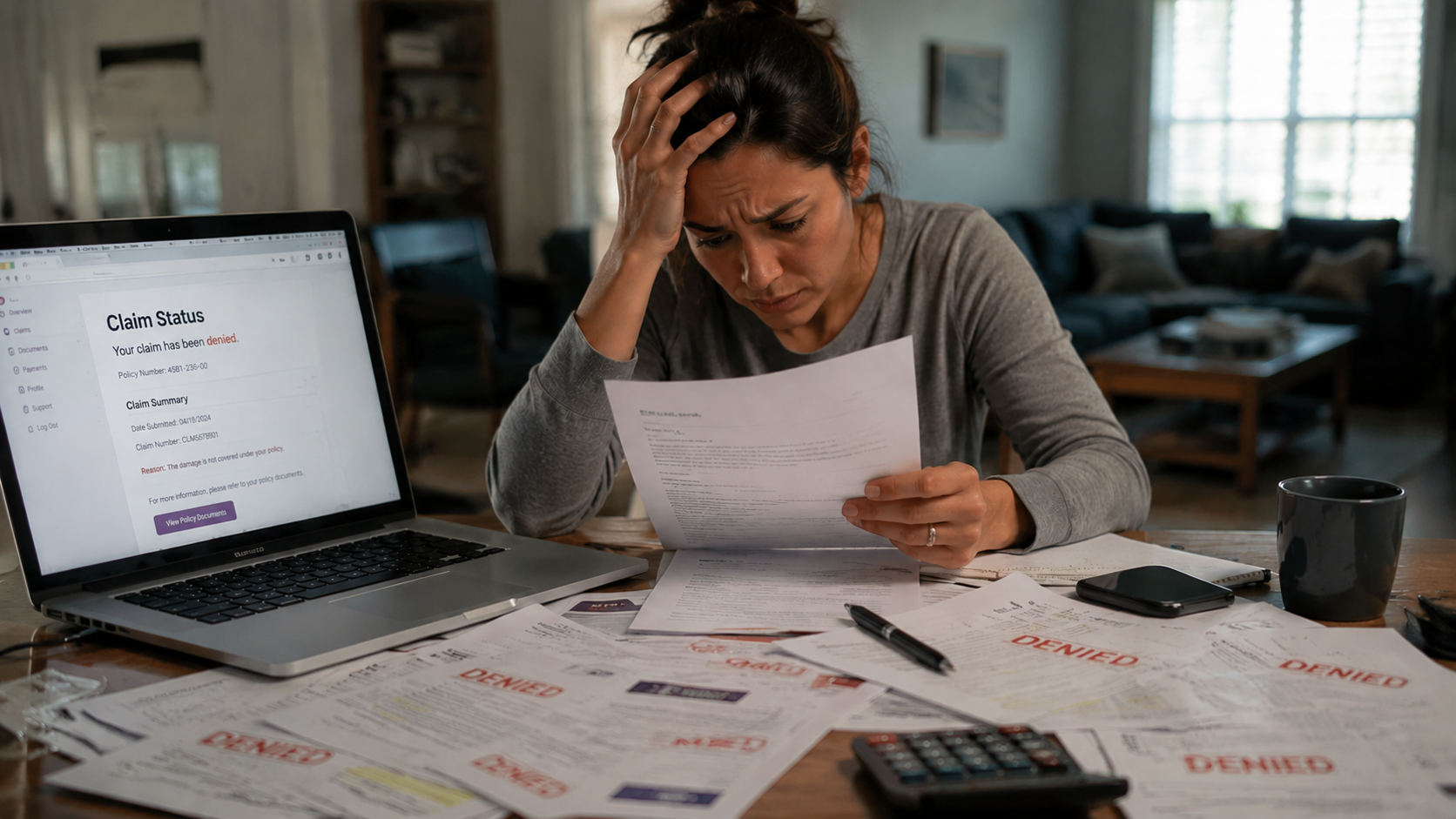 Stressed person reviewing bills at a table with a laptop and calculator in a home office