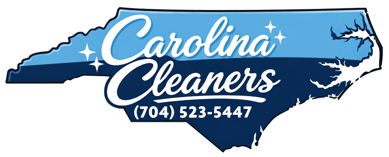 Logo for Carolina Cleaners, featuring the text and phone number inside a blue map of North Carolina.