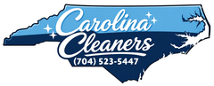 Logo for Carolina Cleaners, featuring the text and phone number inside a blue map of North Carolina.