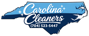 Logo for Carolina Cleaners, featuring the text and phone number inside a blue map of North Carolina.