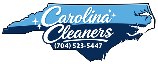 Logo for Carolina Cleaners, featuring the text and phone number inside a blue map of North Carolina.