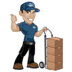 A delivery man is pushing a hand truck with boxes on it.