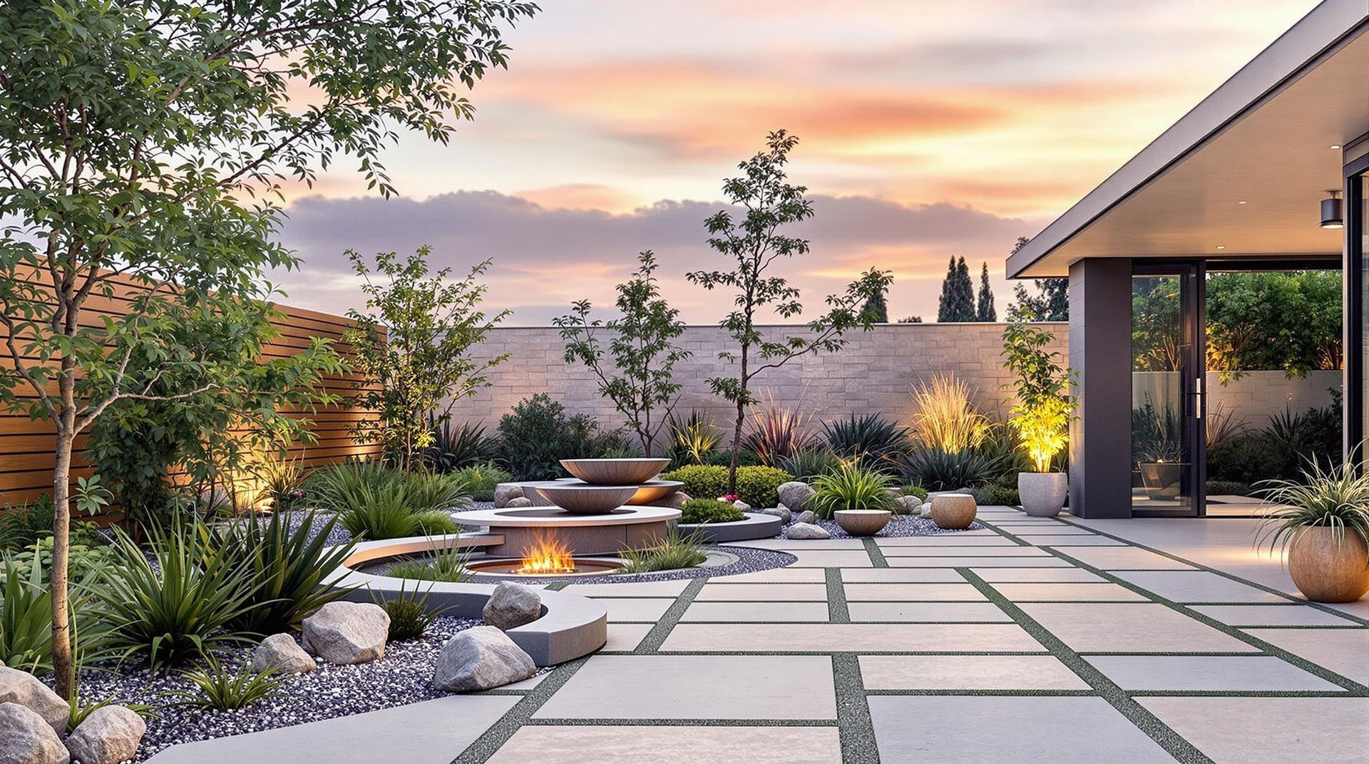 A modern backyard patio with rectangular stone pavers, a small fire pit, potted plants, and trees at sunset.