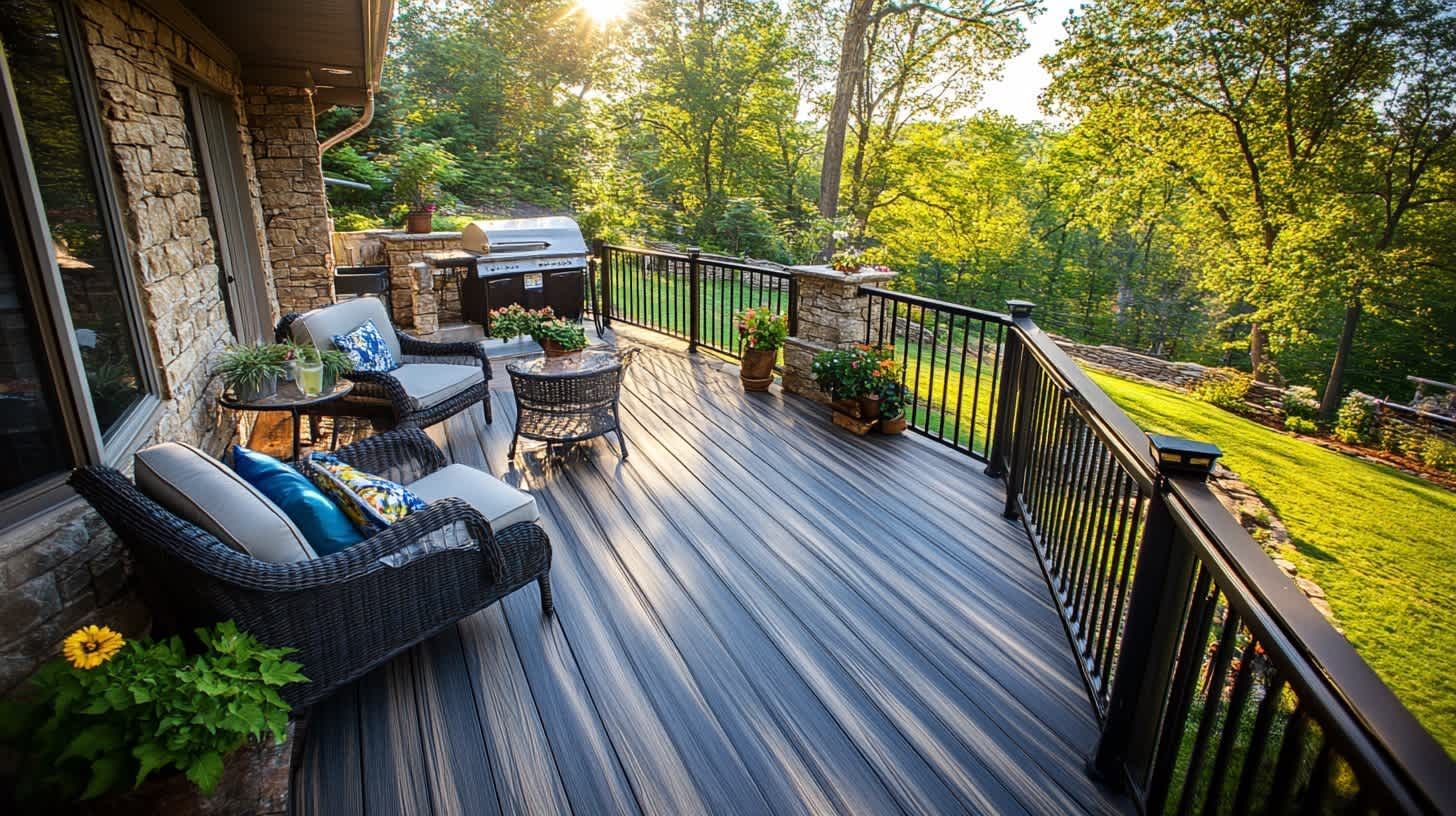 A sunny backyard deck featuring dark wicker patio chairs, a small table, and a grill, overlooking a lush green hillside.