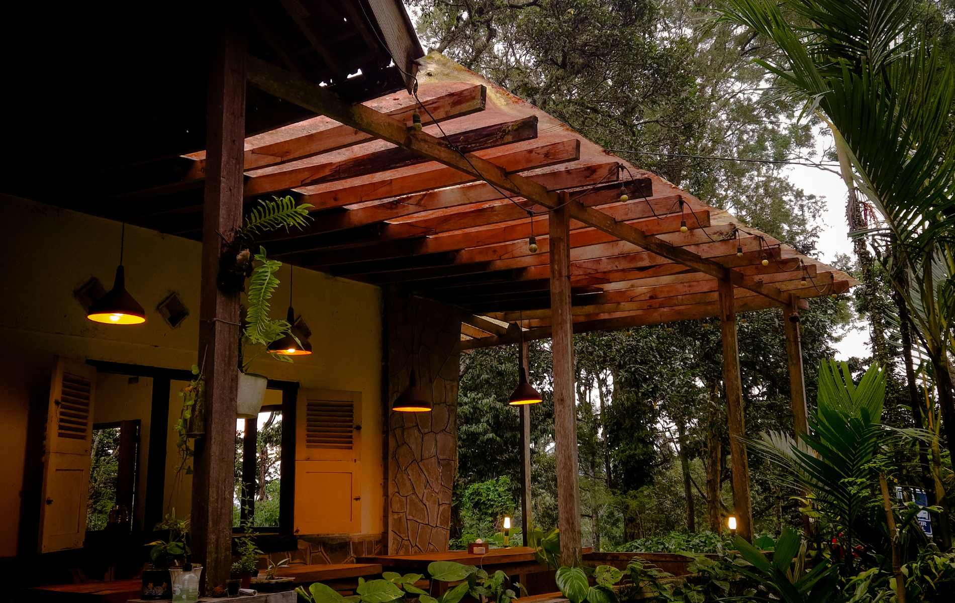 A wooden pergola patio at dusk, illuminated by hanging pendant lights with lush green trees in the background.