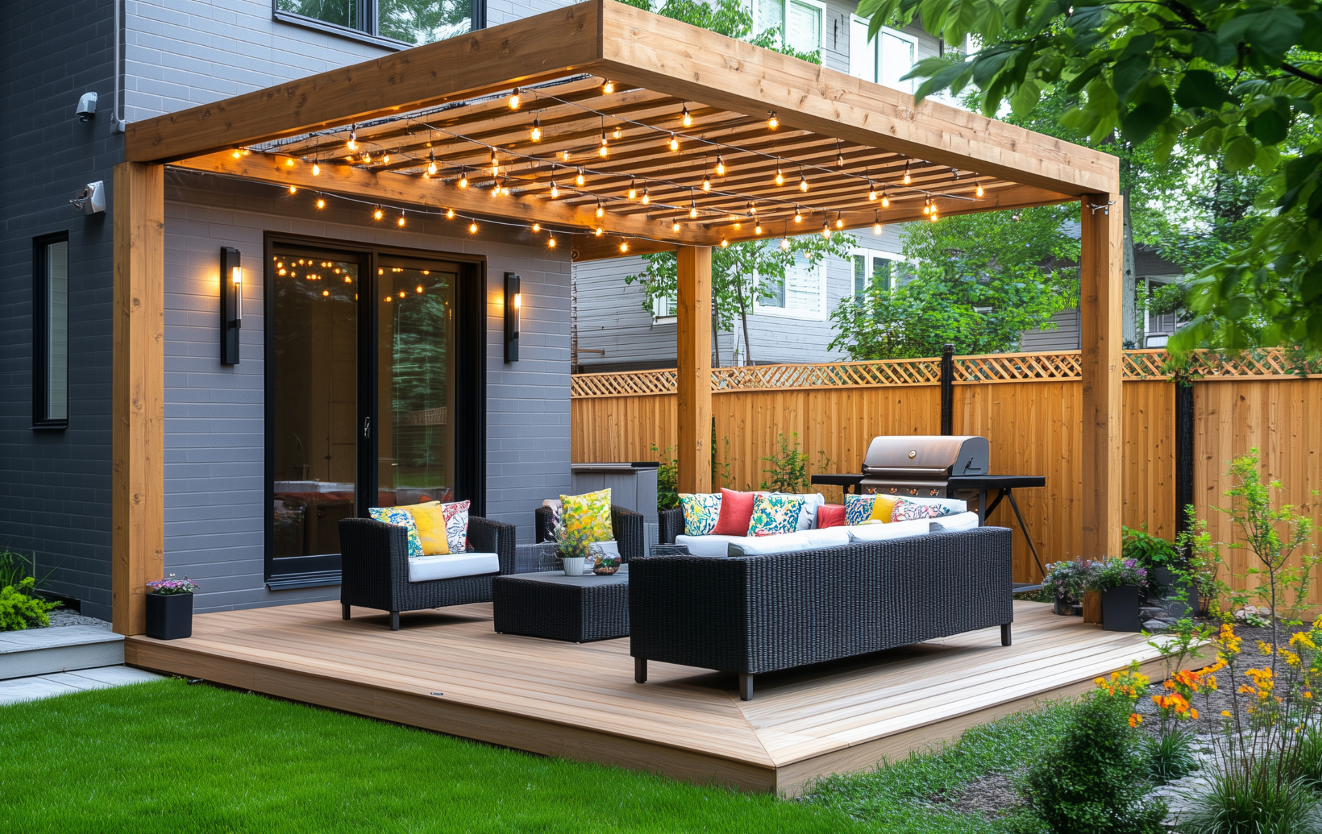 A wooden pergola covers a modern outdoor deck with black wicker patio furniture, string lights, and a grill in a yard.