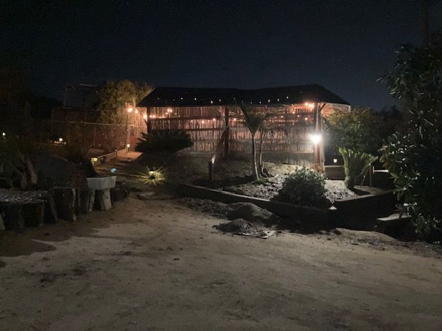 An outdoor rustic structure with a dark roof and string lights at night, surrounded by trees and a sandy ground.